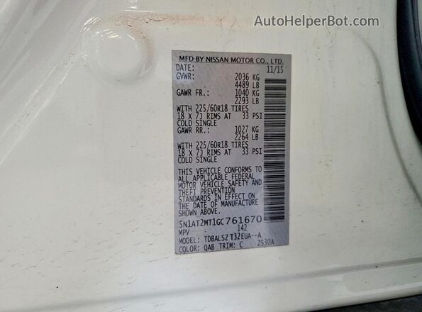 5N1AT2MT1GC761670 2016 NISSAN ROGUE Белый Вид наклейки с VIN-кодом