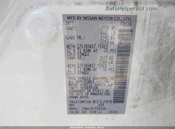 5N1AT2MT1GC815209 2016 NISSAN ROGUE White Շարժիչի բաժամունքի տեսք