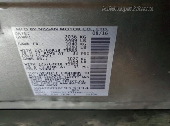 5N1AT2MT1GC913334 2016 NISSAN ROGUE Gray VIN կոդի պիտակի տեսք