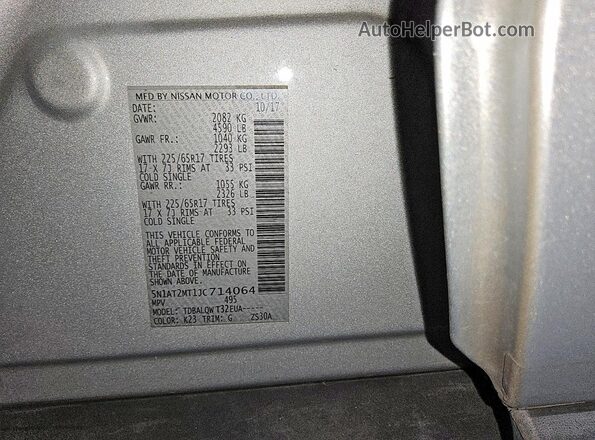 5N1AT2MT1JC714064 2018 NISSAN ROGUE Silver Вид наклейки з VIN-кодом