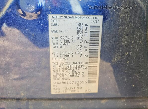 5N1AT2MT1JC732595 2018 NISSAN ROGUE Blue Widok naklejki z numerem VIN