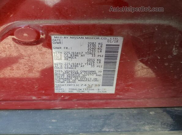 5N1AT2MT1JC745735 2018 NISSAN ROGUE Red Vista de la etiqueta del VIN