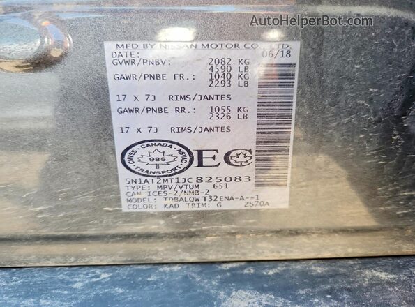 5N1AT2MT1JC825083 2018 NISSAN ROGUE Gray Widok naklejki z numerem VIN