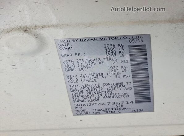 5N1AT2MT2GC736714 2016 NISSAN ROGUE White Вид наклейки з VIN-кодом