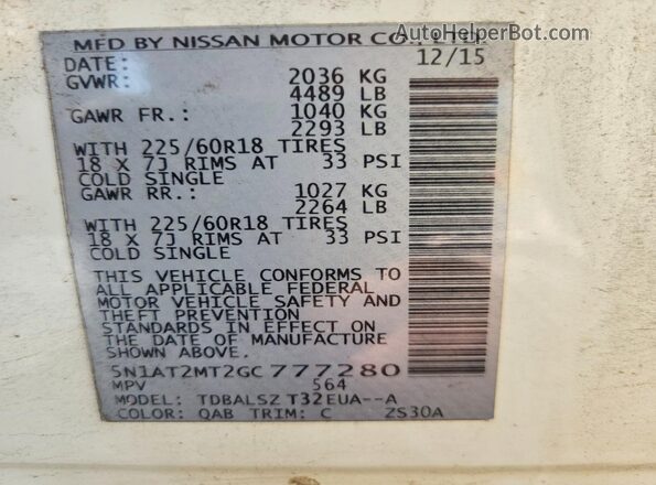 5N1AT2MT2GC777280 2016 NISSAN ROGUE White Vista interior de 360 grados