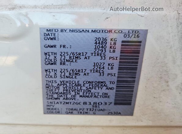 5N1AT2MT2GC818037 2016 NISSAN ROGUE White სალონის 360-გრადუსიანი ხედი