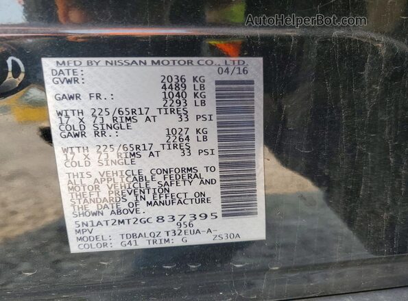 5N1AT2MT2GC837395 2016 NISSAN ROGUE Black სალონის 360-გრადუსიანი ხედი