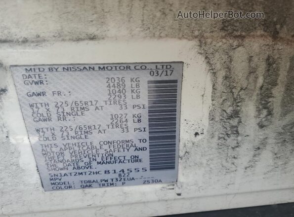 5N1AT2MT2HC814555 2017 NISSAN ROGUE White VIN კოდის სტიკერის ხედი