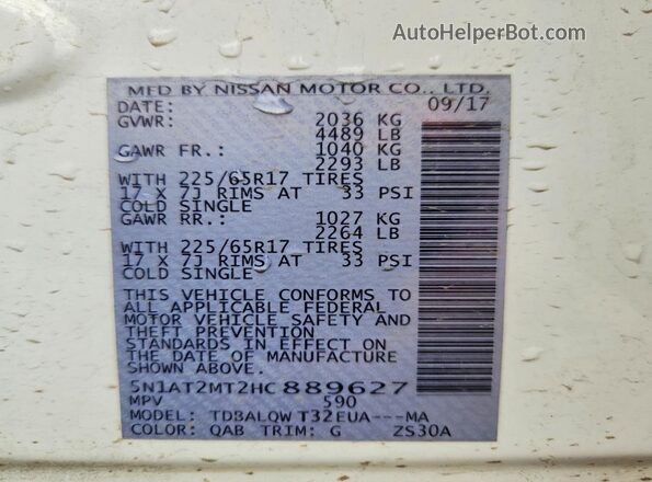5N1AT2MT2HC889627 2017 NISSAN ROGUE Белый Вид наклейки с VIN-кодом