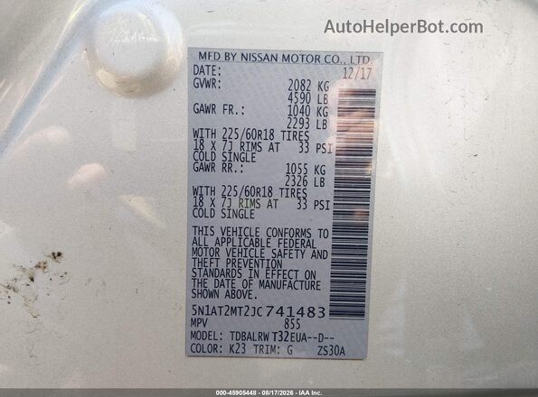 5N1AT2MT2JC741483 2018 NISSAN ROGUE Silver Вид підкапотного простору