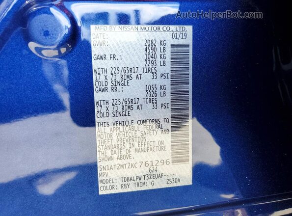 5N1AT2MT2KC761296 2019 NISSAN ROGUE Blue Вид наклейки з VIN-кодом