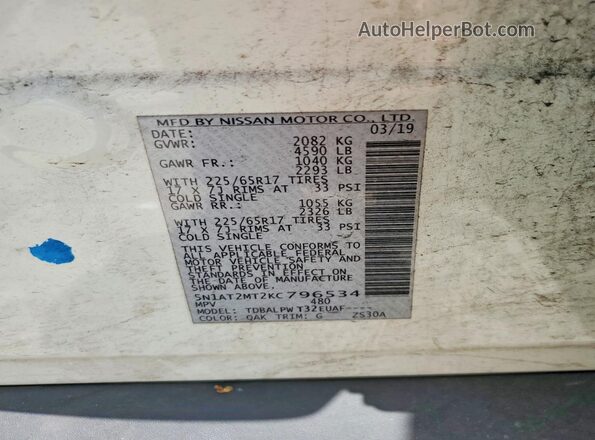 5N1AT2MT2KC796534 2019 NISSAN ROGUE White Вид наклейки з VIN-кодом