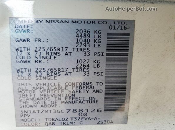 5N1AT2MT3GC788126 2016 NISSAN ROGUE White Vista interior de 360 grados