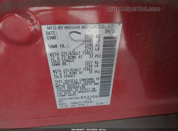 5N1AT2MT3GC843206 2016 NISSAN ROGUE Red Vista del compartimento del motor