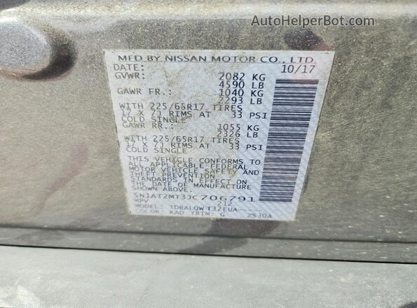 5N1AT2MT3JC706791 2018 NISSAN ROGUE Gray Vista de la etiqueta del VIN