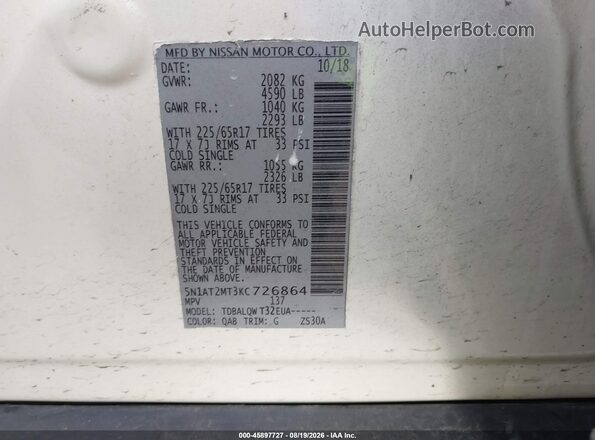 5N1AT2MT3KC726864 2019 NISSAN ROGUE White Widok komory silnika