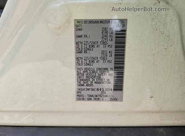 5N1AT2MT3KC841304 2019 NISSAN ROGUE Белый Вид наклейки с VIN-кодом