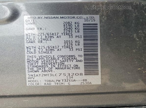 5N1AT2MT3LC753208 2020 NISSAN ROGUE Charcoal Vista del compartimento del motor