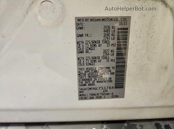 5N1AT2MT4GC751764 2016 NISSAN ROGUE White Սալոնի 360 աստիճան տեսք