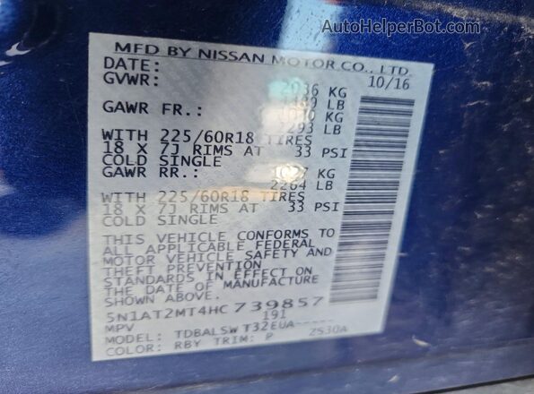 5N1AT2MT4HC739857 2017 NISSAN ROGUE Синий Вид наклейки с VIN-кодом