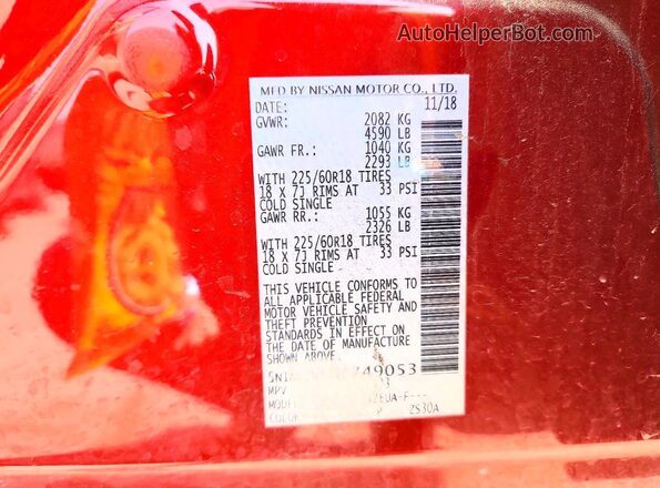 5N1AT2MT4KC749053 2019 NISSAN ROGUE Red Vista de la etiqueta del VIN