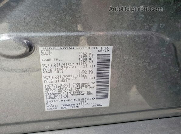 5N1AT2MT4KC838069 2019 NISSAN ROGUE Gray Widok naklejki z numerem VIN