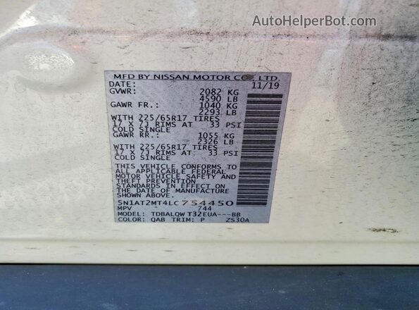 5N1AT2MT4LC754450 2020 NISSAN ROGUE White Vista de la etiqueta del VIN