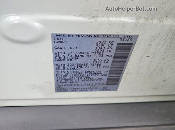 5N1AT2MT4LC792776 2020 NISSAN ROGUE White Вид наклейки з VIN-кодом