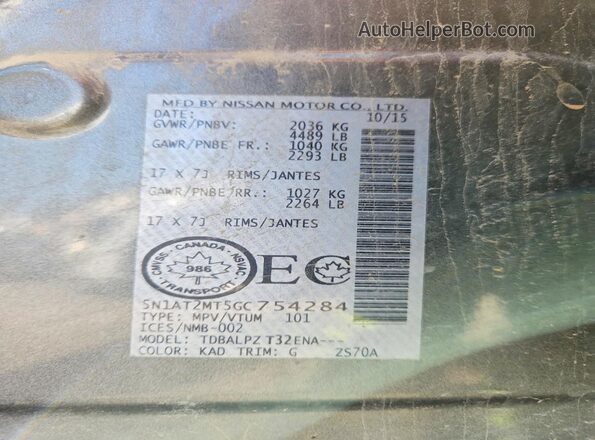 5N1AT2MT5GC754284 2016 NISSAN ROGUE Gray VIN sticker view