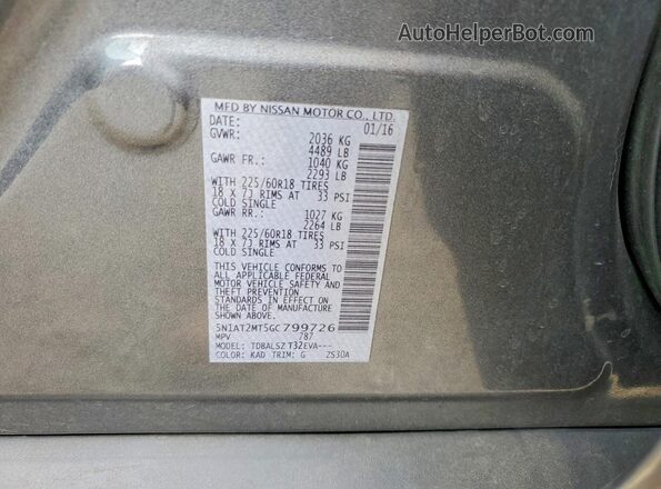 5N1AT2MT5GC799726 2016 NISSAN ROGUE Gray VIN კოდის სტიკერის ხედი