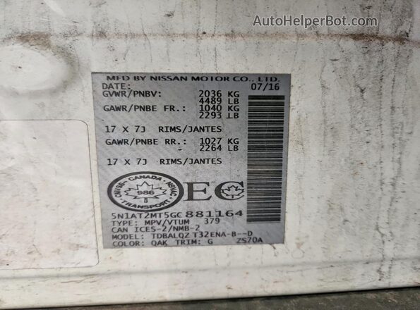 5N1AT2MT5GC881164 2016 NISSAN ROGUE White VIN կոդի պիտակի տեսք