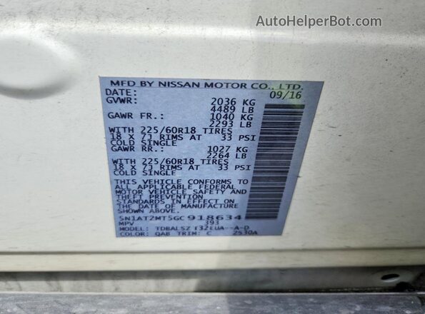 5N1AT2MT5GC918634 2016 NISSAN ROGUE Белый Вид наклейки с VIN-кодом