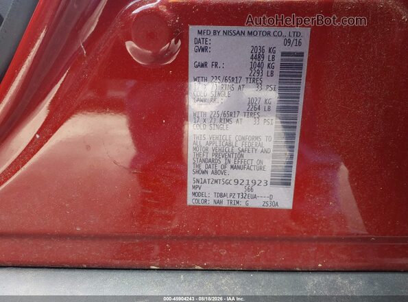 5N1AT2MT5GC921923 2016 NISSAN ROGUE Red Widok komory silnika