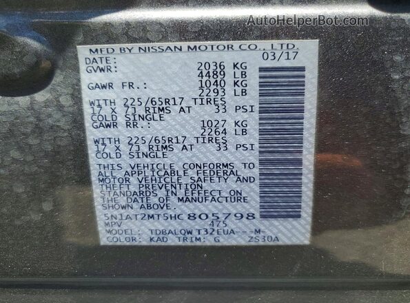 5N1AT2MT5HC805798 2017 NISSAN ROGUE Gray VIN კოდის სტიკერის ხედი