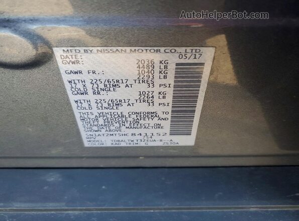 5N1AT2MT5HC841152 2017 NISSAN ROGUE Gray VIN sticker view