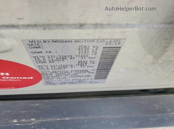 5N1AT2MT5KC802925 2019 NISSAN ROGUE Silver Вид наклейки з VIN-кодом