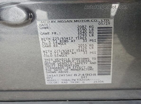 5N1AT2MT5KC824908 2019 NISSAN ROGUE Gray Widok naklejki z numerem VIN