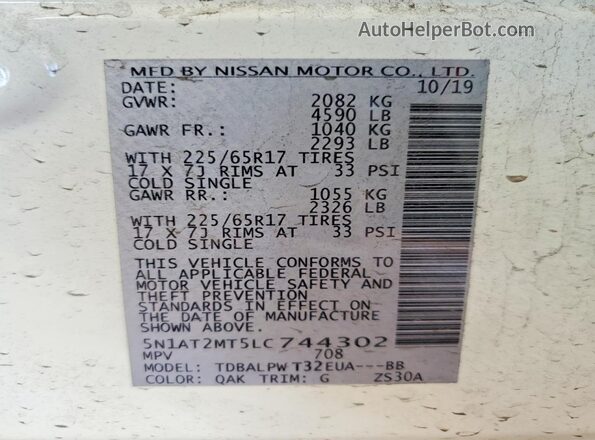 5N1AT2MT5LC744302 2020 NISSAN ROGUE White VIN კოდის სტიკერის ხედი