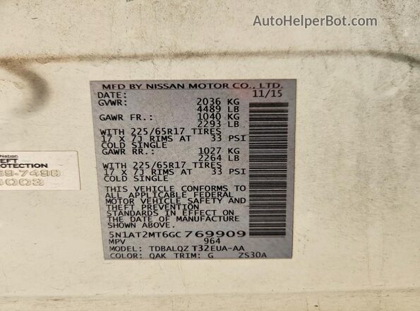 5N1AT2MT6GC769909 2016 NISSAN ROGUE White Widok naklejki z numerem VIN