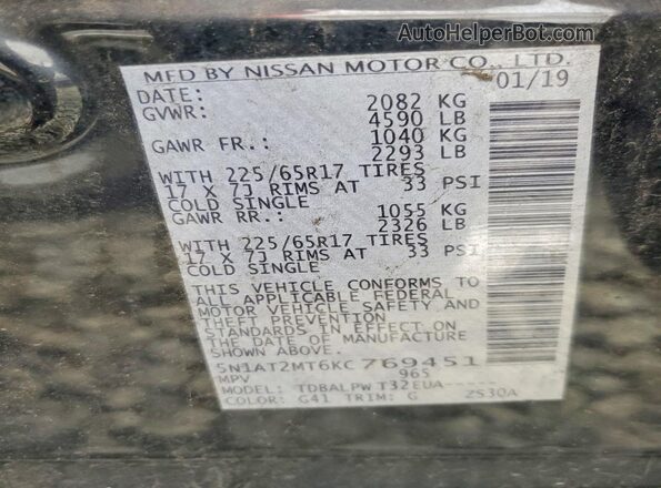 5N1AT2MT6KC769451 2019 NISSAN ROGUE Black Widok naklejki z numerem VIN