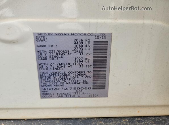 5N1AT2MT7GC750060 2016 NISSAN ROGUE White Вид наклейки з VIN-кодом