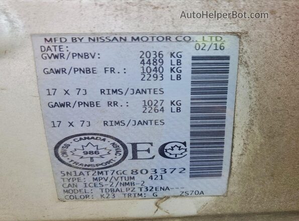 5N1AT2MT7GC803372 2016 NISSAN ROGUE Silver VIN sticker view
