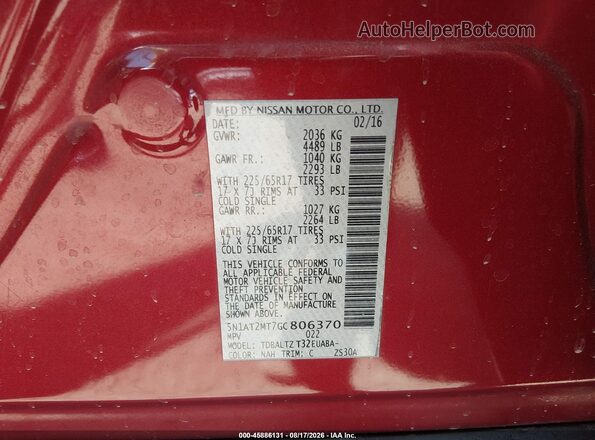 5N1AT2MT7GC806370 2016 NISSAN ROGUE Red Вид підкапотного простору