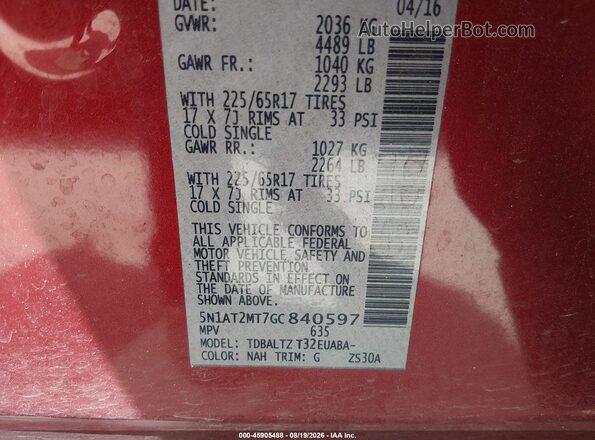 5N1AT2MT7GC840597 2016 NISSAN ROGUE Red Engine compartment view