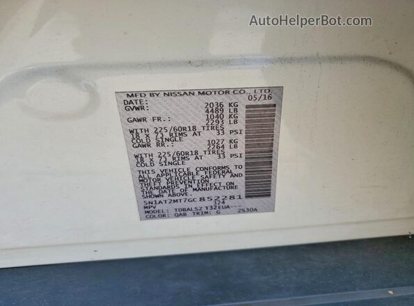 5N1AT2MT7GC852281 2016 NISSAN ROGUE White Vista de la etiqueta del VIN