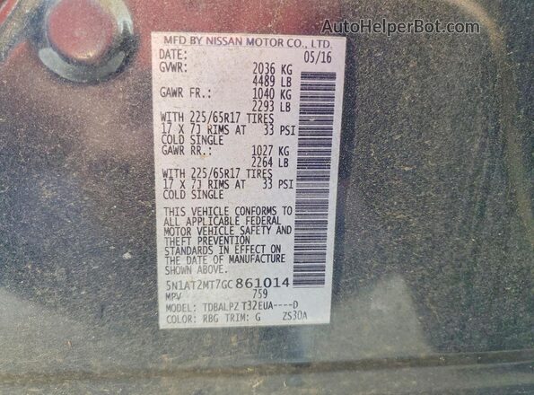 5N1AT2MT7GC861014 2016 NISSAN ROGUE Blue Вид наклейки з VIN-кодом