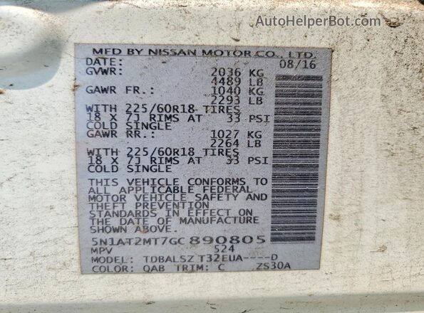 5N1AT2MT7GC890805 2016 NISSAN ROGUE White Widok naklejki z numerem VIN
