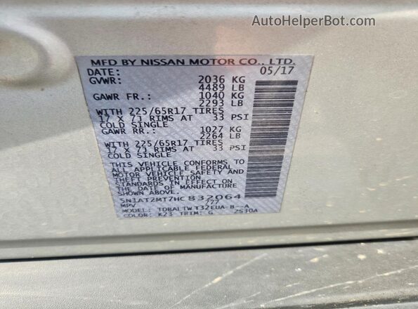 5N1AT2MT7HC832064 2017 NISSAN ROGUE Silver VIN կոդի պիտակի տեսք