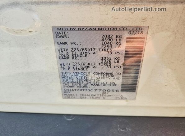 5N1AT2MT7JC770056 2018 NISSAN ROGUE White VIN კოდის სტიკერის ხედი