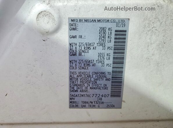 5N1AT2MT7KC772407 2019 NISSAN ROGUE White Вид наклейки з VIN-кодом